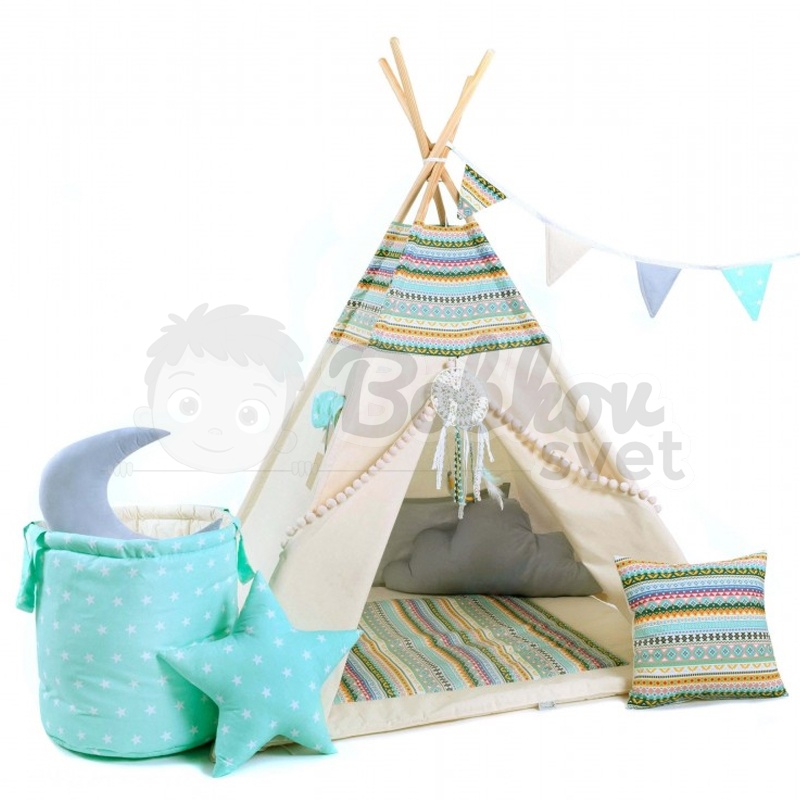 Teepee stan pre deti set s príslušenstvom - Indiánske dobrodružstvo s pompoms