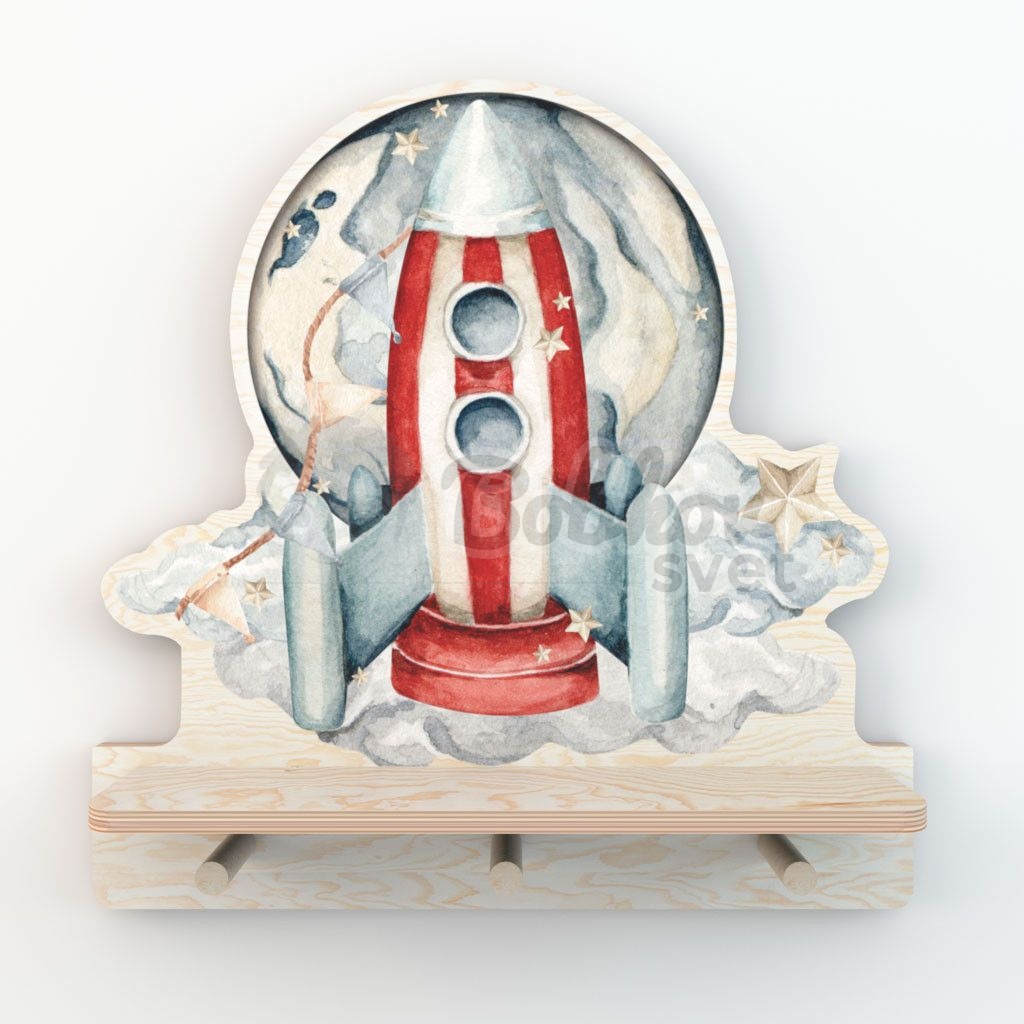Drevená detská polička s vešiakom NATURE design - Rocketship