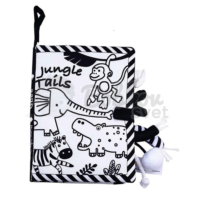 3D kontrastná / čiernobiela látková kniha s chvostíkmi - JUNGLE