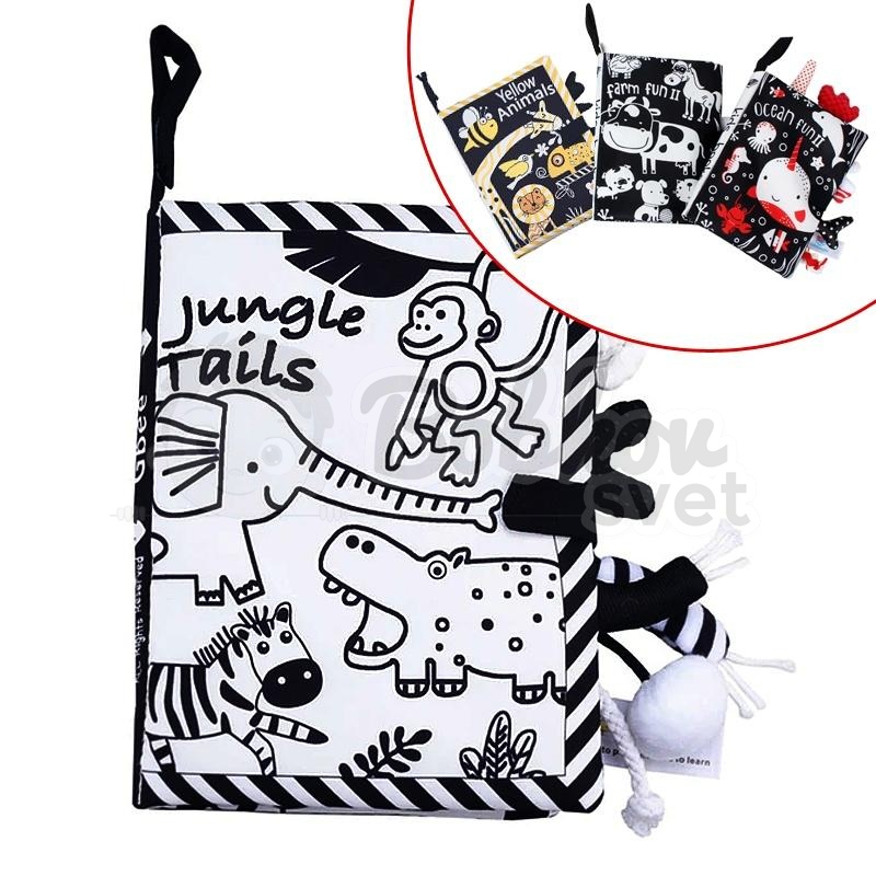 3D kontrastná / čiernobiela látková kniha s chvostíkmi - JUNGLE