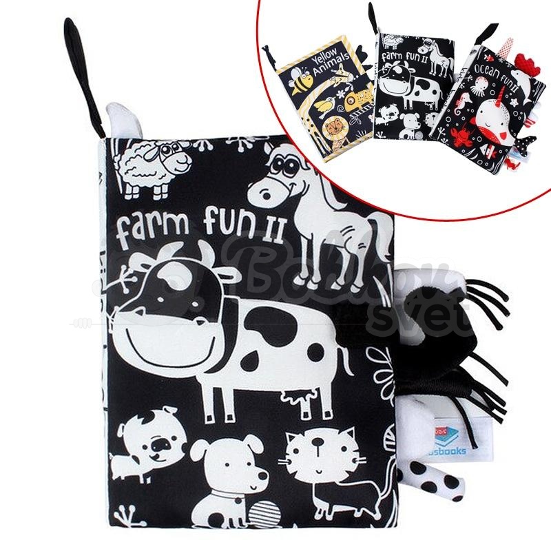3D kontrastná / čiernobiela látková kniha s chvostíkmi - FARM FUN