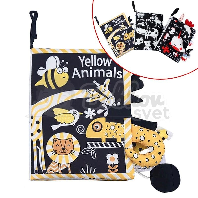 3D kontrastná / čiernobiela látková kniha s chvostíkmi - YELLOW