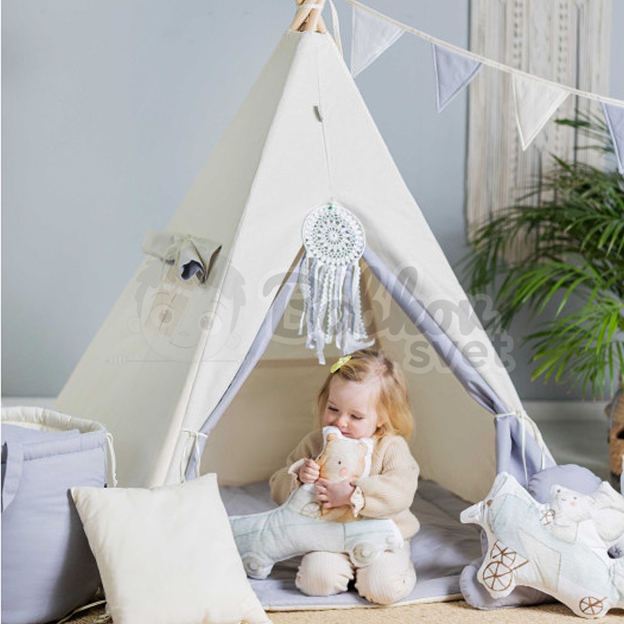 Teepee stan pre deti set s príslušenstvom - krémovo šedý
