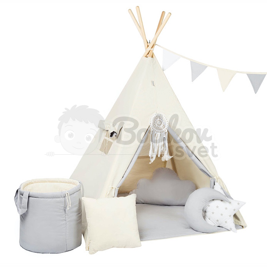 Teepee stan pre deti set s príslušenstvom - krémovo šedý