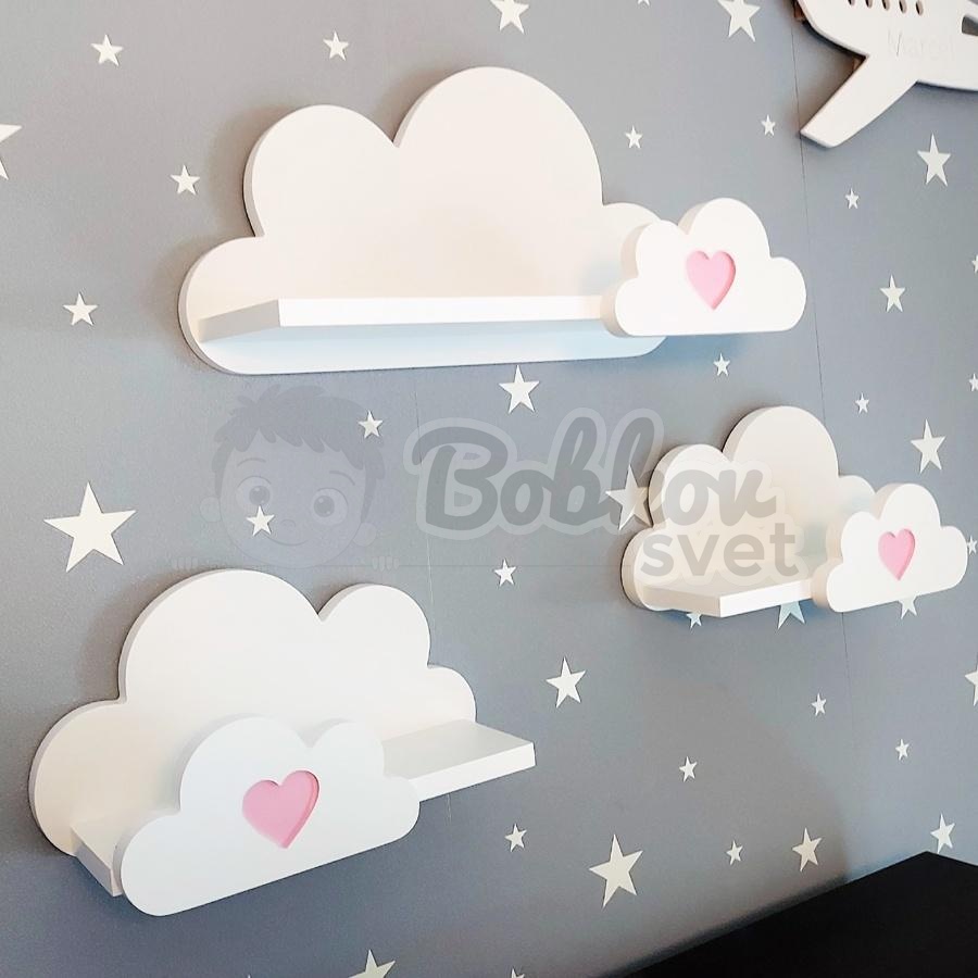 Drevené detské poličky SET 3 ks - MOLI so srdiečkami Candy PINK