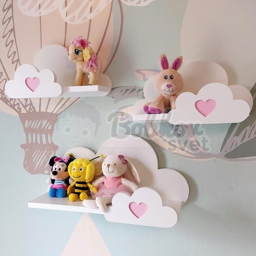 Drevené detské poličky SET 3 ks - MOLI so srdiečkami Candy PINK