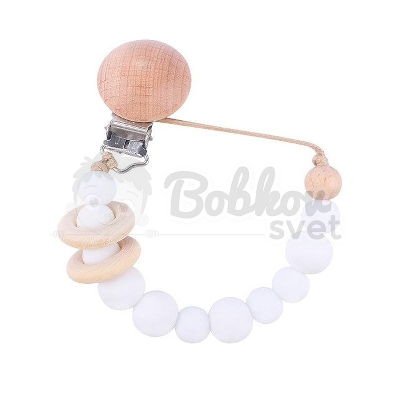 Klip / retiazka na cumlík SILKY / drevené krúžky - WHITE