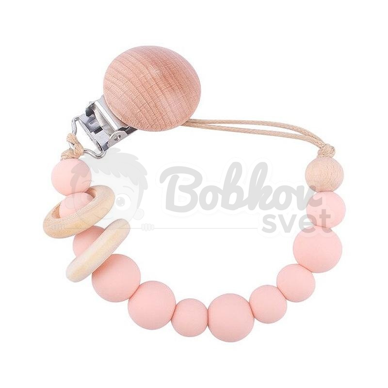 Klip / retiazka na cumlík SILKY / drevené krúžky - PINK
