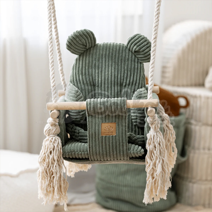 Detská hojdačka Bear Swing s pásom - Corduroy Estetic Olive Green