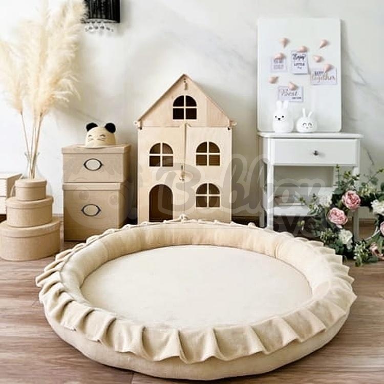 Detské hniezdo okrúhle s volánom VELVET / podložka na hranie 120 cm - krémová