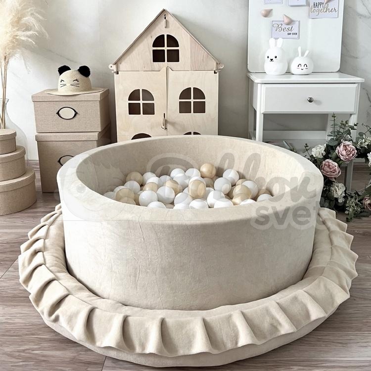Detské hniezdo okrúhle s volánom VELVET / podložka na hranie 120 cm - krémová