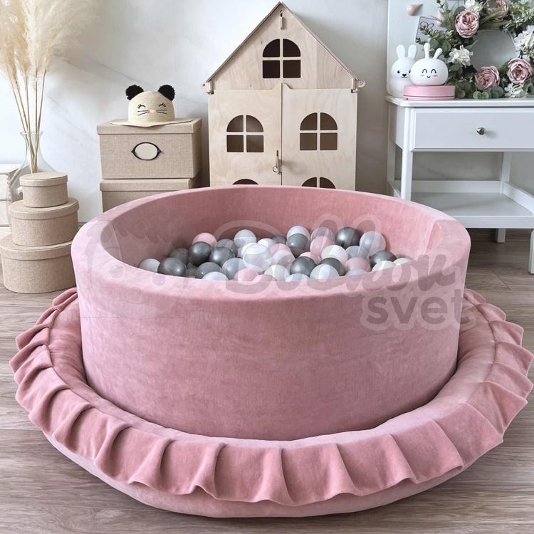 Detské hniezdo okrúhle s volánom VELVET / podložka na hranie 120 cm - ružová