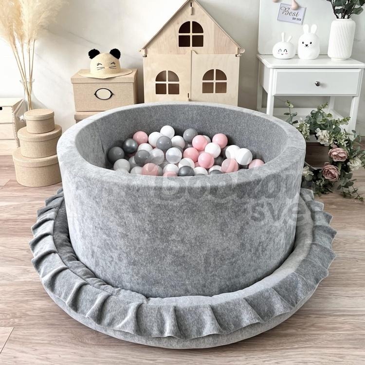 Detské hniezdo okrúhle s volánom VELVET / podložka na hranie 120 cm - sivá
