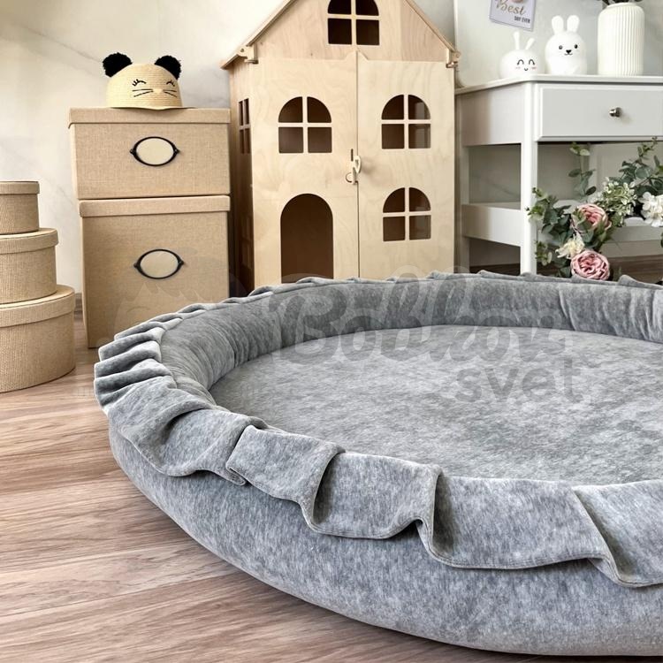 Detské hniezdo okrúhle s volánom VELVET / podložka na hranie 120 cm - sivá