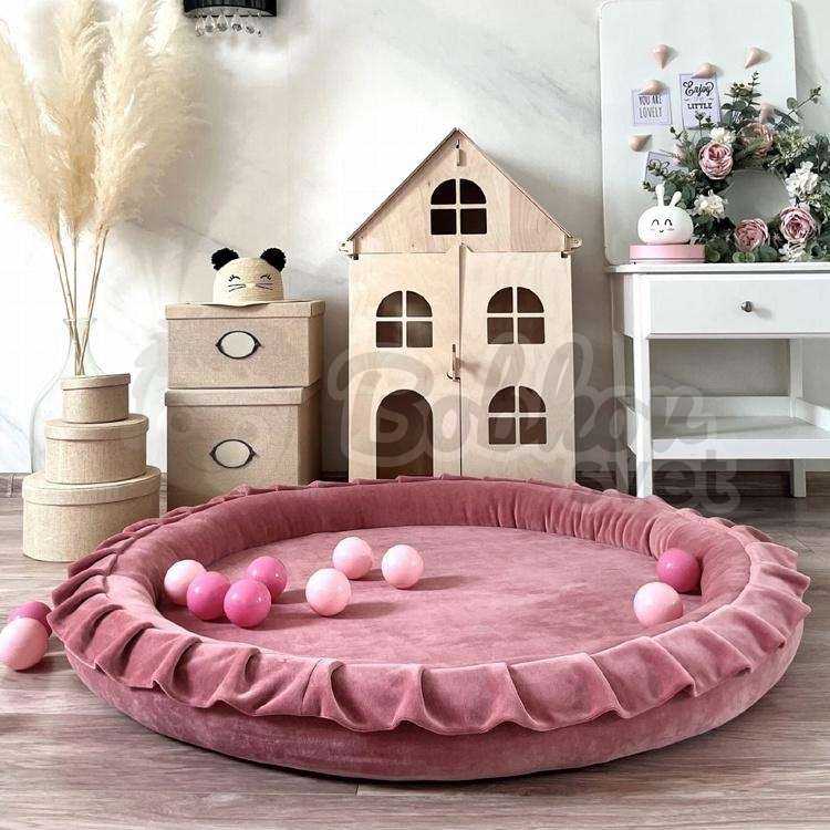 Detské hniezdo okrúhle s volánom VELVET / podložka na hranie 120 cm - tmavá ružová