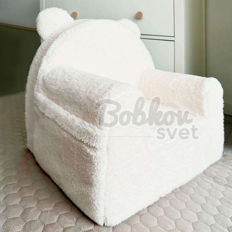 Detské BOUCLE kreslo s uškami a bočným vreckom - smotanové