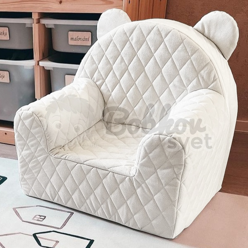 Detské ZAMATOVÉ kreslo s uškami a bočným vreckom - BEIGE