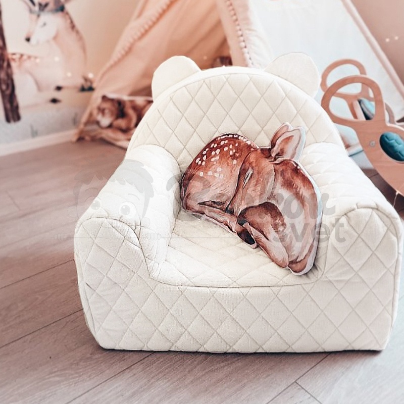 Detské ZAMATOVÉ kreslo s uškami a bočným vreckom - BEIGE