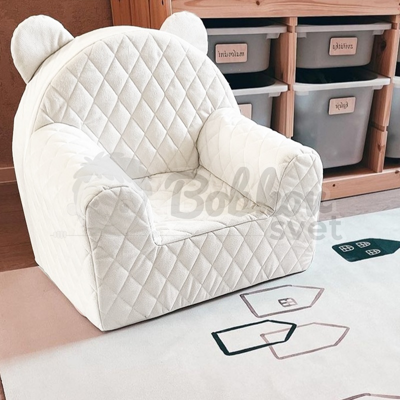 Detské ZAMATOVÉ kreslo s uškami a bočným vreckom - BEIGE
