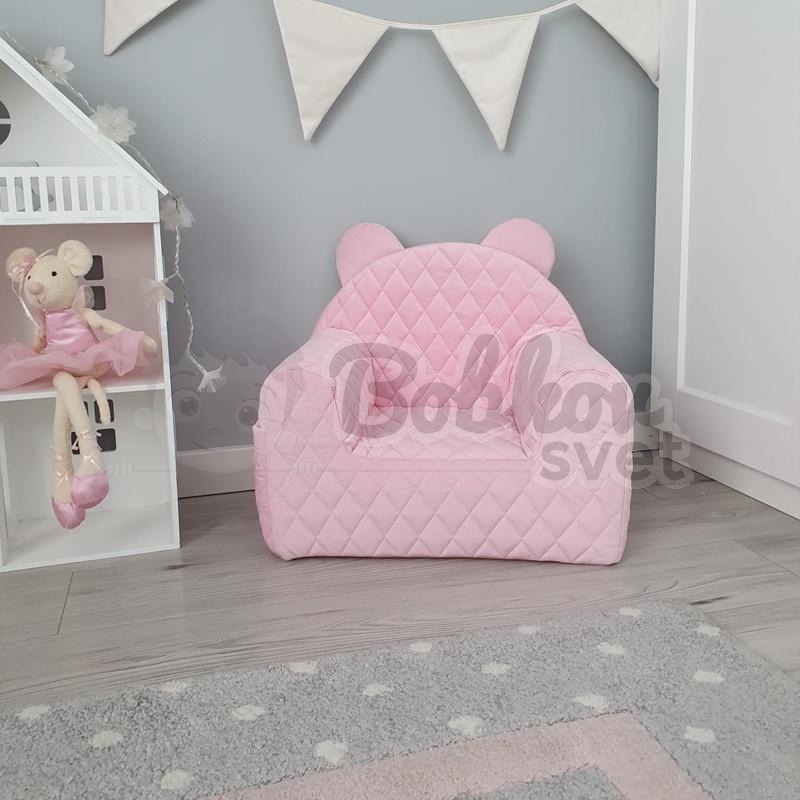 Detské ZAMATOVÉ kreslo s uškami a bočným vreckom - PINK