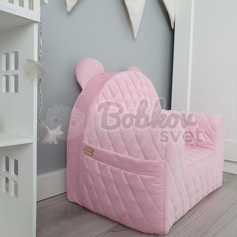 Detské ZAMATOVÉ kreslo s uškami a bočným vreckom - PINK