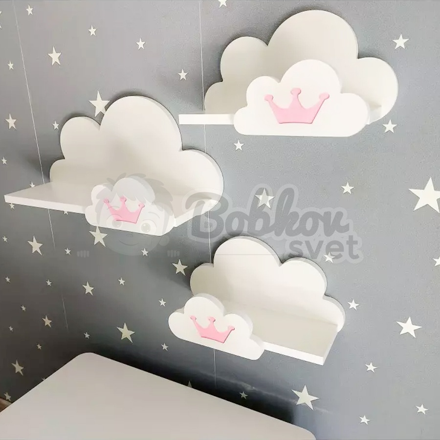 Drevené detské poličky SET 3 ks - MOLI s korunkami Candy PINK