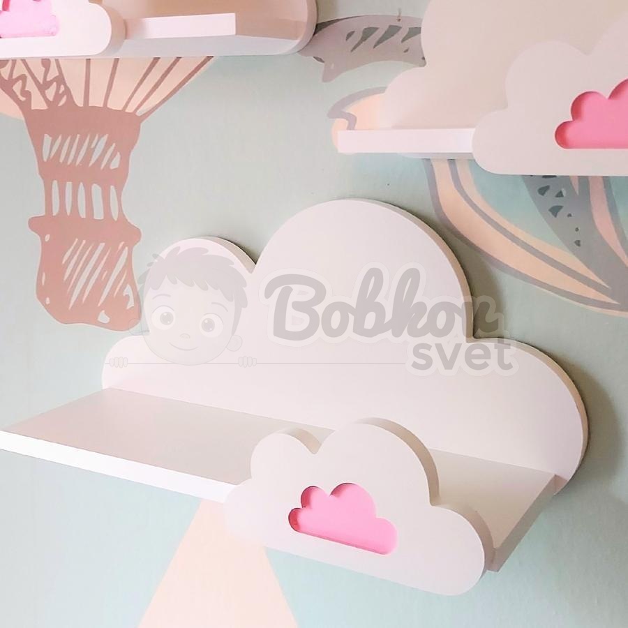 Drevené detské poličky SET 3 ks - MOLI s obláčikmi Candy PINK