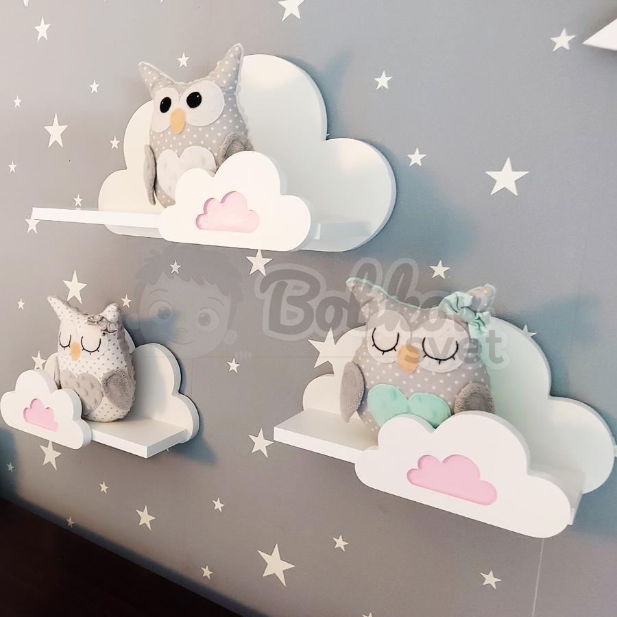 Drevené detské poličky SET 3 ks - MOLI s obláčikmi Candy PINK