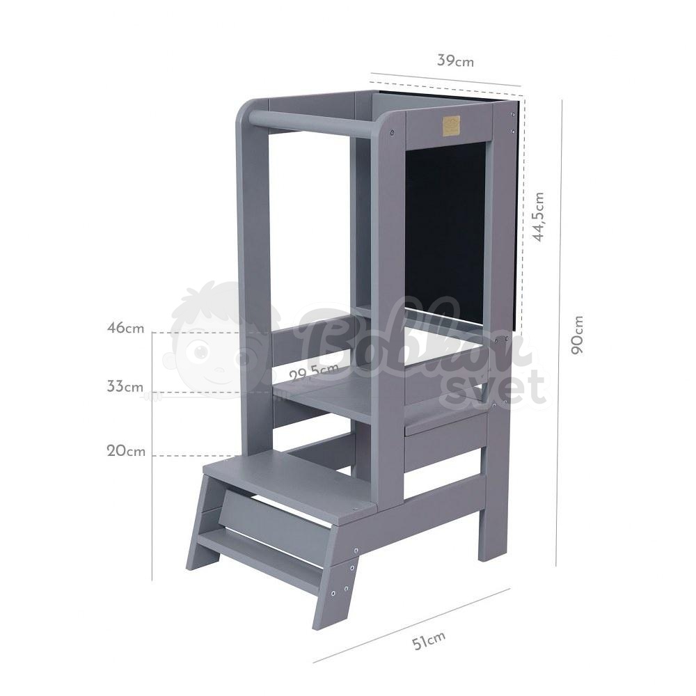 Učiaca veža MeowBaby® Kitchen Helper s tabuľkou - sivá