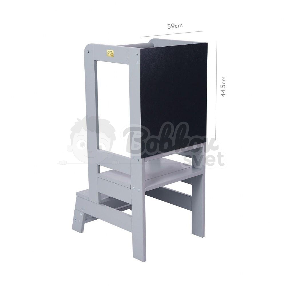 Učiaca veža MeowBaby® Kitchen Helper s tabuľkou - sivá