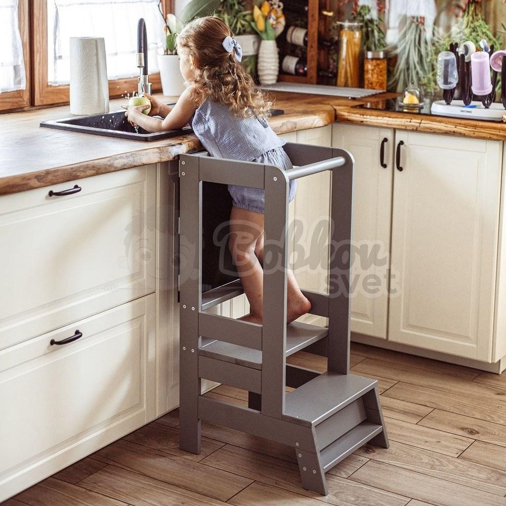 Učiaca veža MeowBaby® Kitchen Helper s tabuľkou - sivá