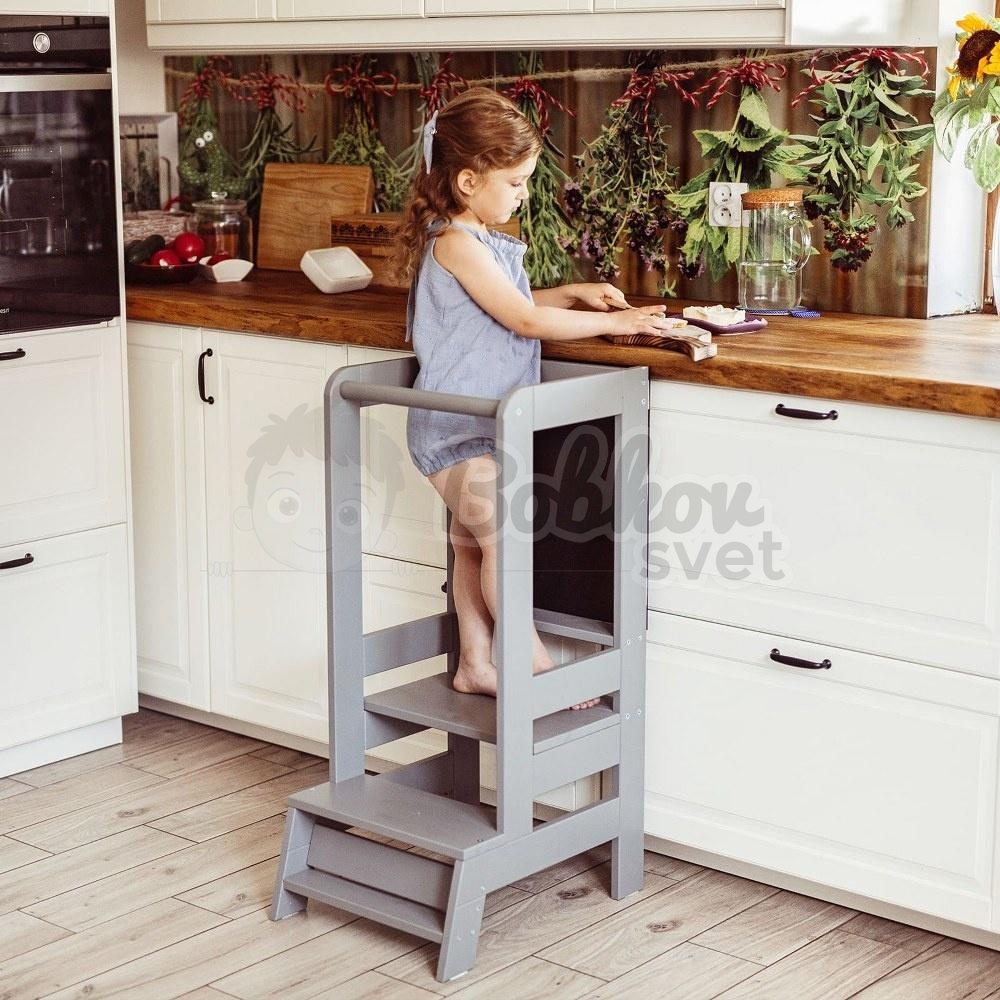 Učiaca veža MeowBaby® Kitchen Helper s tabuľkou - sivá