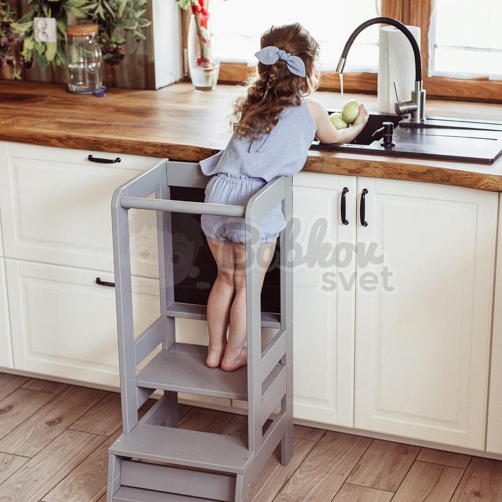 Učiaca veža MeowBaby® Kitchen Helper s tabuľkou - sivá