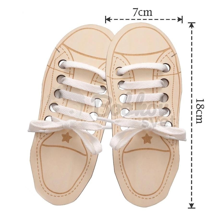Edukačná drevená prevliekačka / hračka - učíme sa viazať šnúrky 18cm (2 kusy)