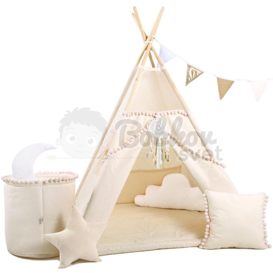 Teepee stan pre deti set s príslušenstvom - jemná hmla s pompoms