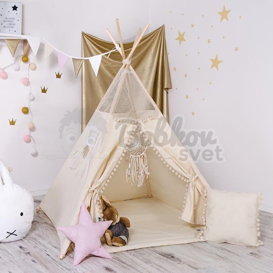Teepee stan pre deti set s príslušenstvom - jemná hmla s pompoms