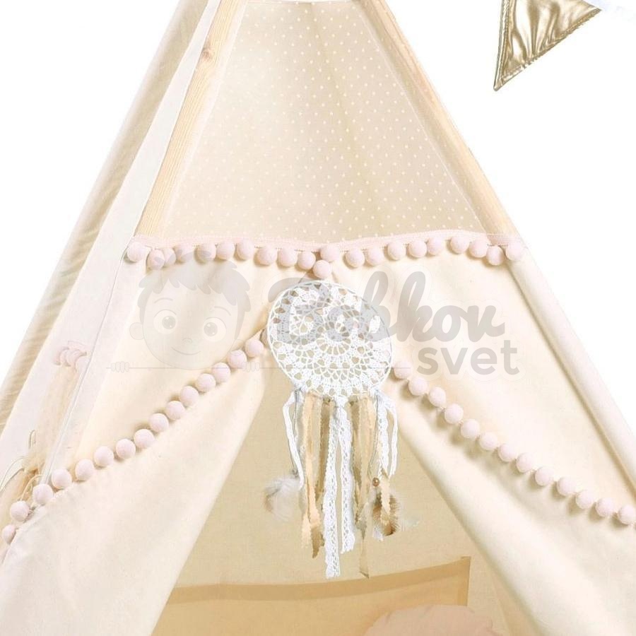 Teepee stan pre deti set s príslušenstvom - jemná hmla s pompoms