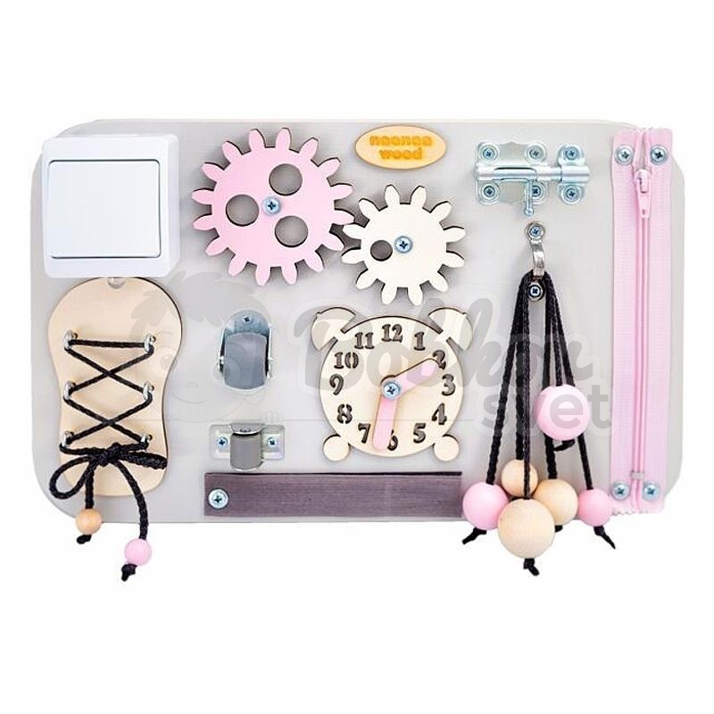 Montessori tabuľa (activity board) pre deti - MINI - GREY / ružová