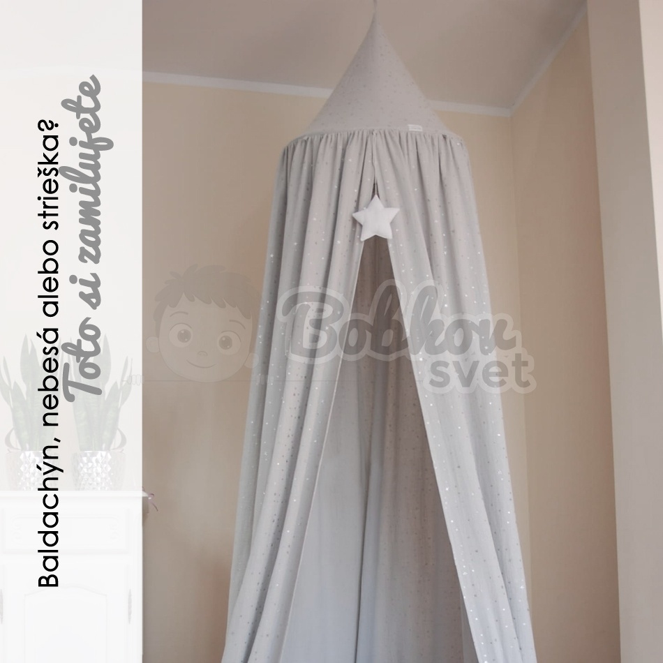 Mušelínový baldachýn s efektom strieborných hviezd (275 cm) - sivý