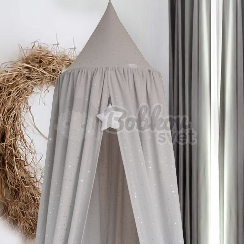 Mušelínový baldachýn s efektom strieborných hviezd (275 cm) - sivý