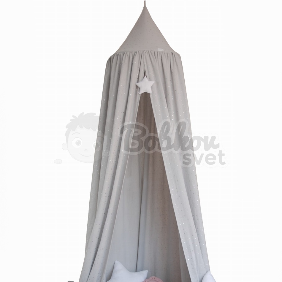 Mušelínový baldachýn s efektom strieborných hviezd (275 cm) - sivý