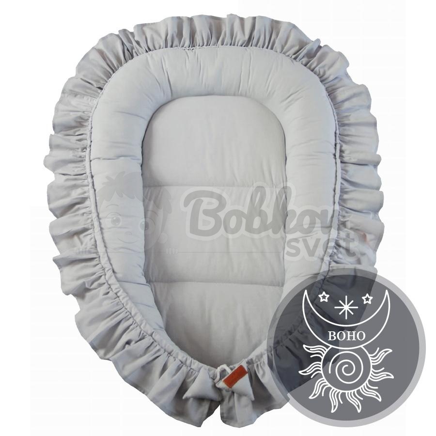 Detské BOHO hniezdo pre bábätko s volánom - jemne sivé