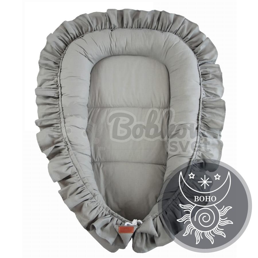 Detské BOHO hniezdo pre bábätko s volánom - sivé