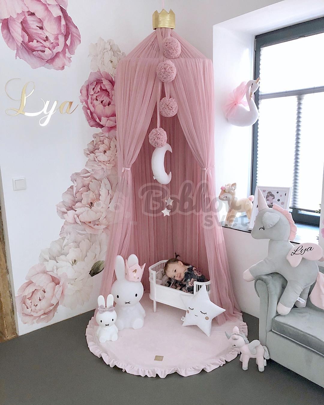 Hracia detská podložka MeowBaby® s volánom Ø 110 cm - svetloružová