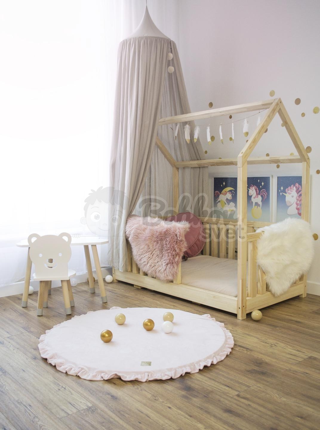 Hracia detská podložka MeowBaby® s volánom Ø 110 cm - svetloružová