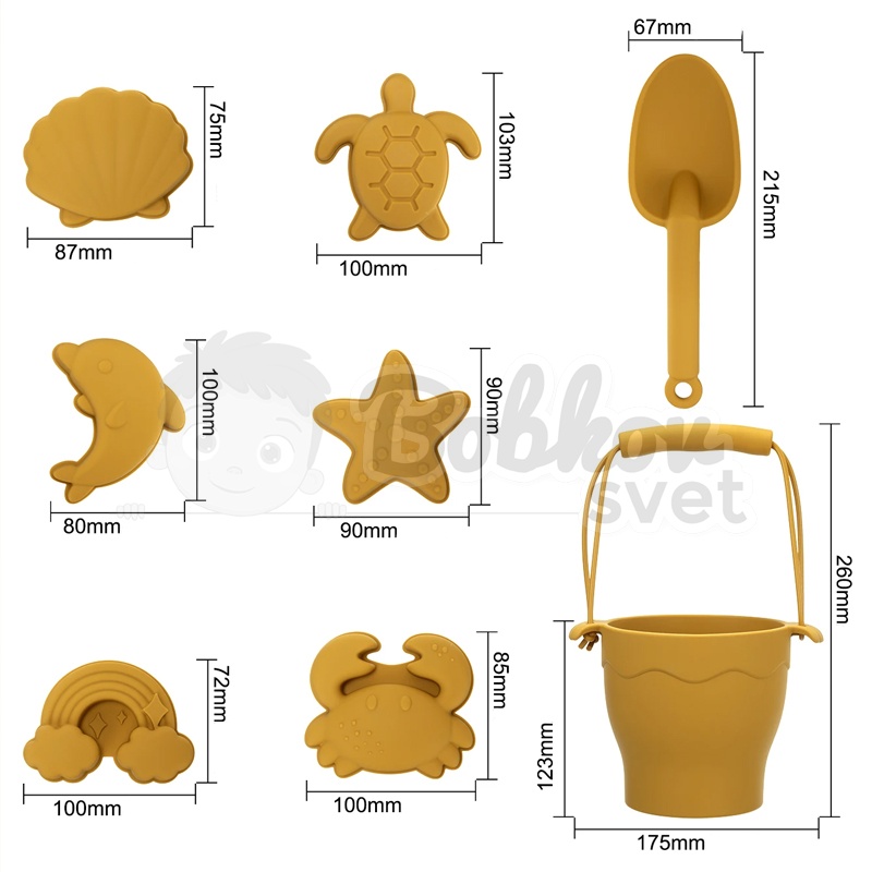 Silikónový set do piesku 8ks - SADA formičiek s vedierkom - MUSTARD