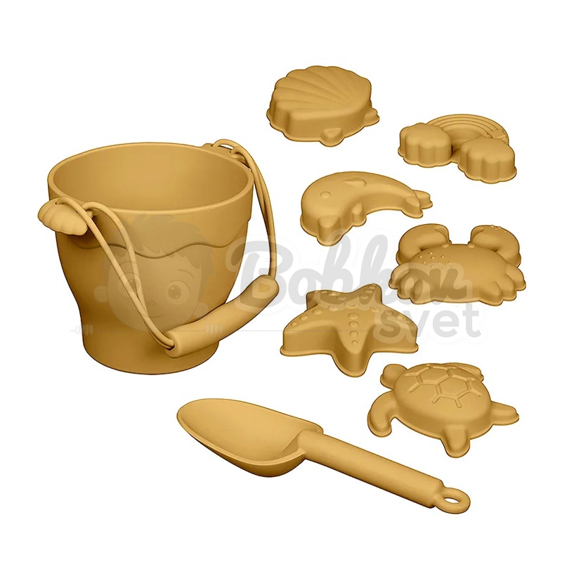 Silikónový set do piesku 8ks - SADA formičiek s vedierkom - MUSTARD