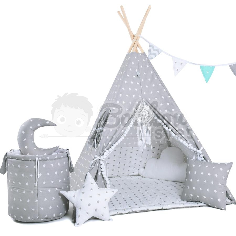 Teepee stan pre deti set s príslušenstvom - sivá a hviezdy s pompoms