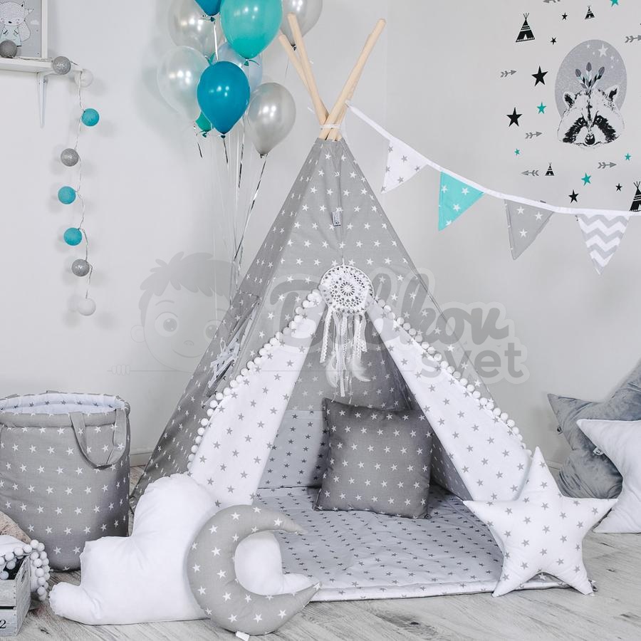 Teepee stan pre deti set s príslušenstvom - sivá a hviezdy s pompoms