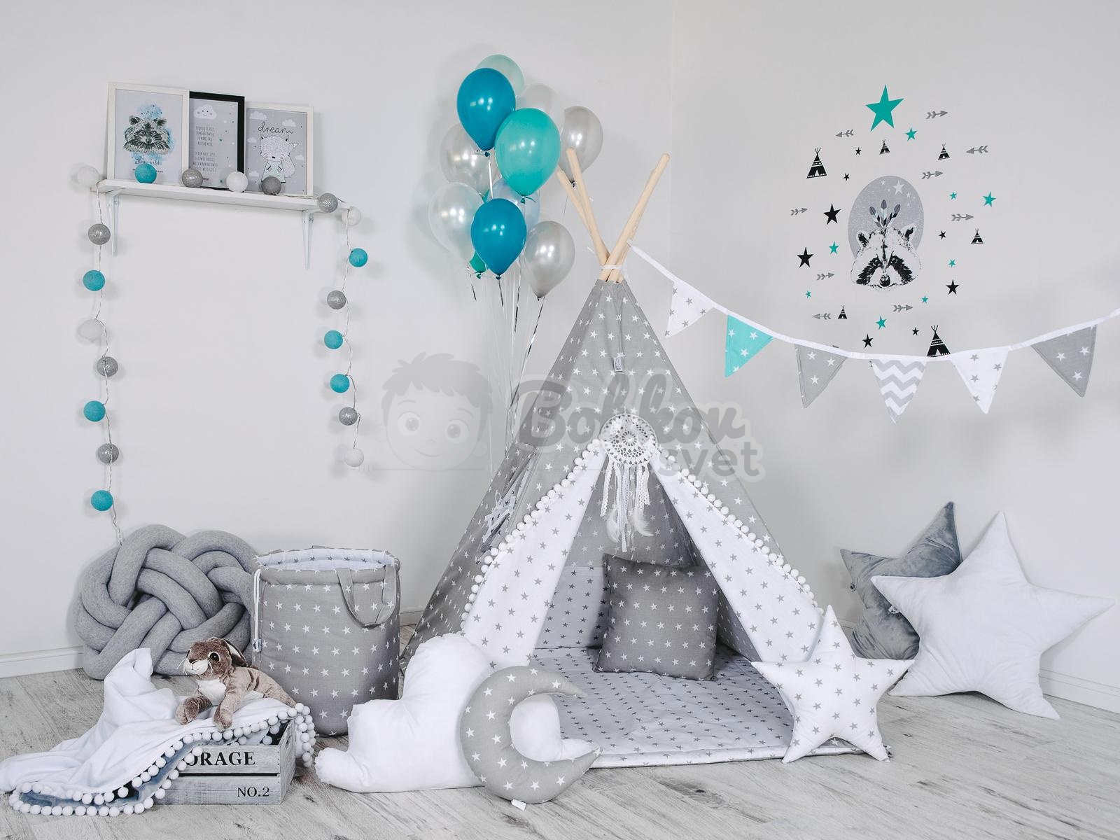 Teepee stan pre deti set s príslušenstvom - sivá a hviezdy s pompoms